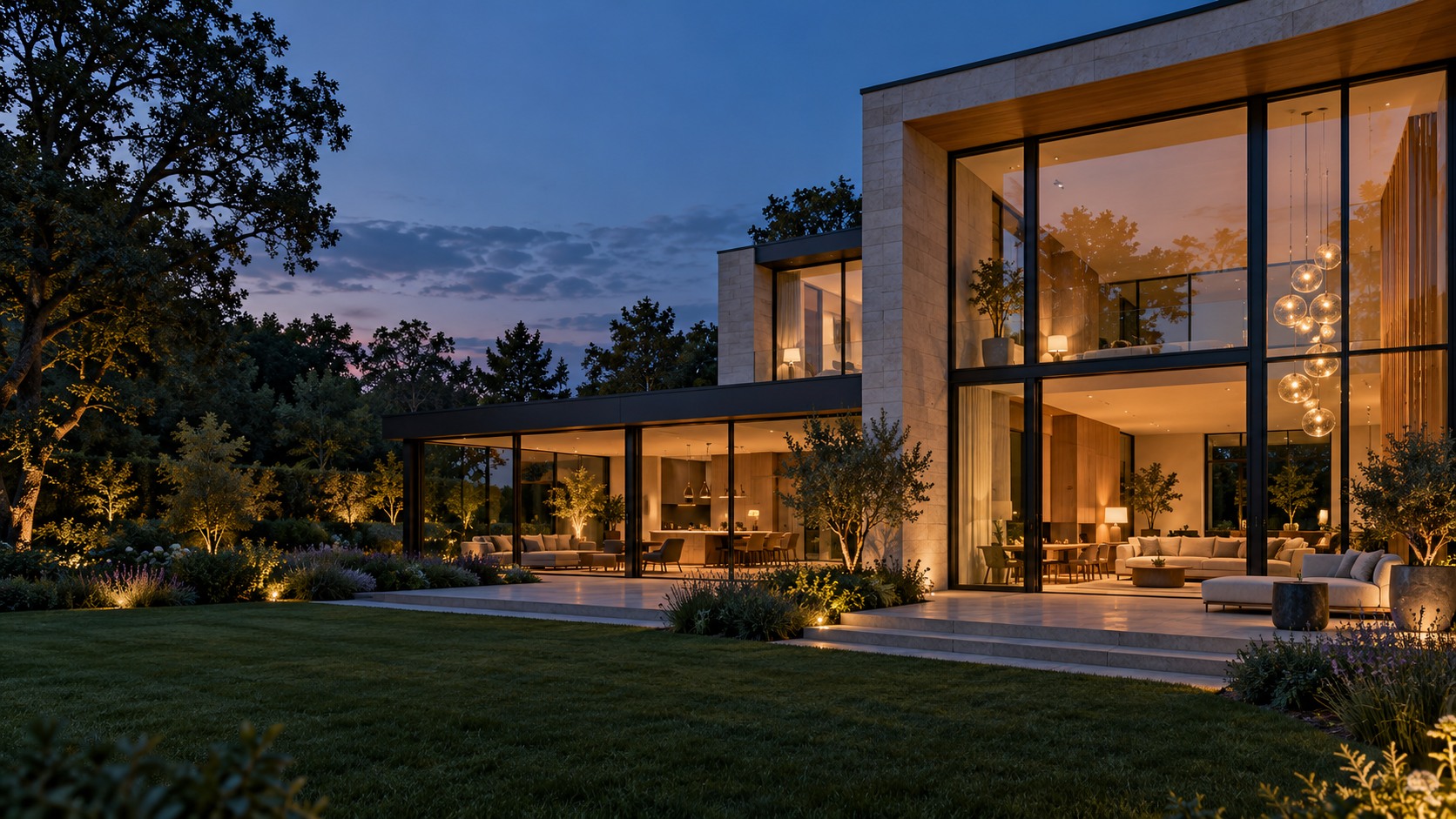 Concept arhitectural: casă contemporană cu ferestre ample, luminată la apus